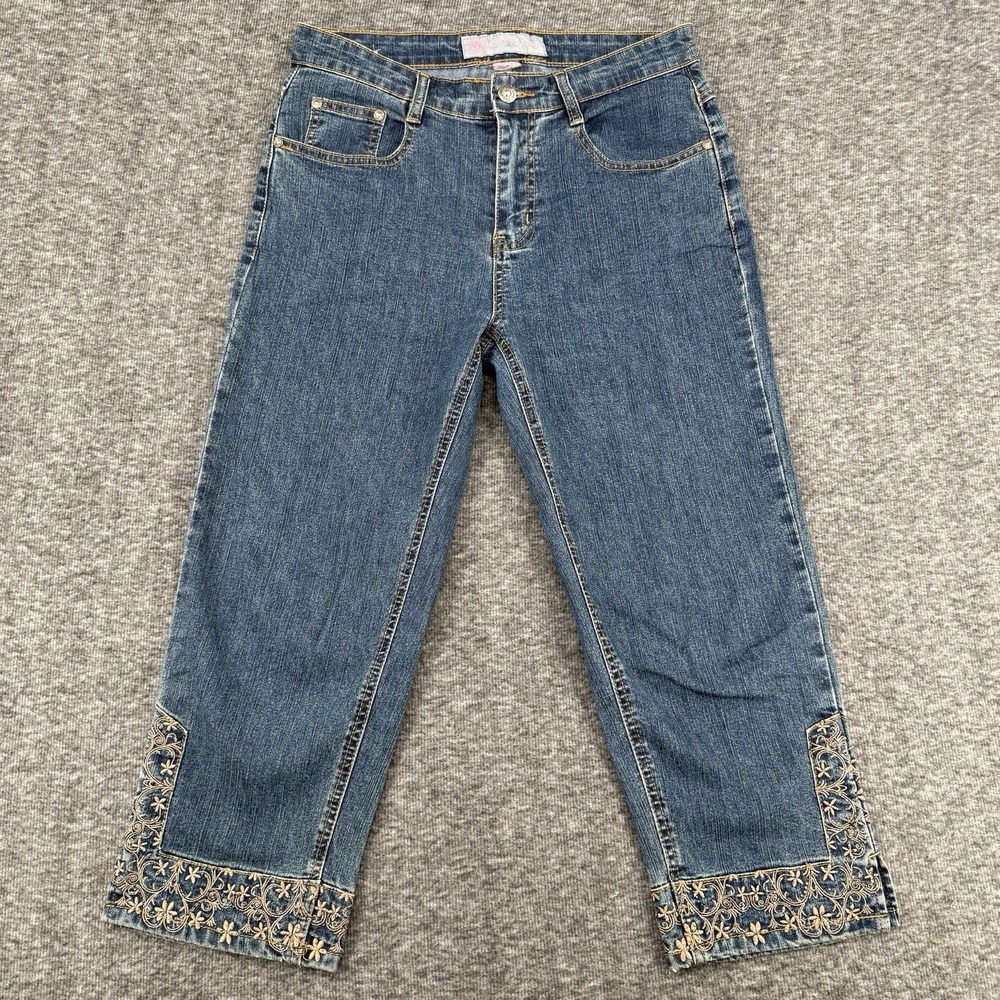 COS Jeans Womens Size 10 12 Capri Cropped Embroidered Denim Blue Wash Hem